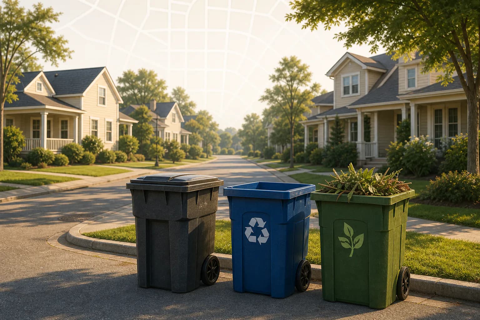 Black, blue, and green collection bins at the curb in a residential neighborhood